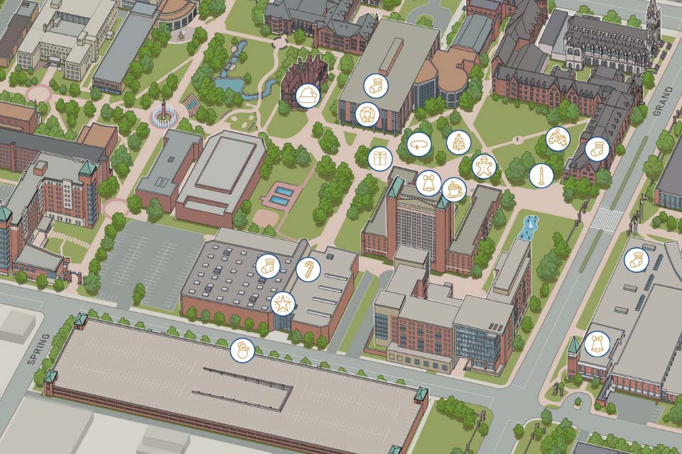 Illustrated map of the northwestern part of SLU's campus with icons showing the locations of attractions at Christmas on the quad. Bathrooms are at DuBurg Hall, the CGC and Bush Student Center. Check in, bounce houses and mug pick up are at Simon Recreation Center. Parking is in Laclede Garage. The tree lighting is on the quad. Food trucks/cheer garden are near Griesedieck Hall. Crafts are near DuBourg. Fire pits are between DuBourg and Griesedieck. Hot chocolate is in front of Griesedieck Hall.