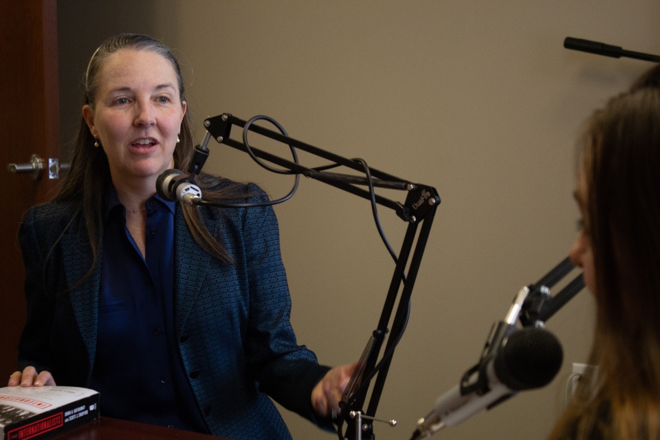 photo of professor monica eppinger in the podcast studio photo of professor monica eppinger in the podcast studio