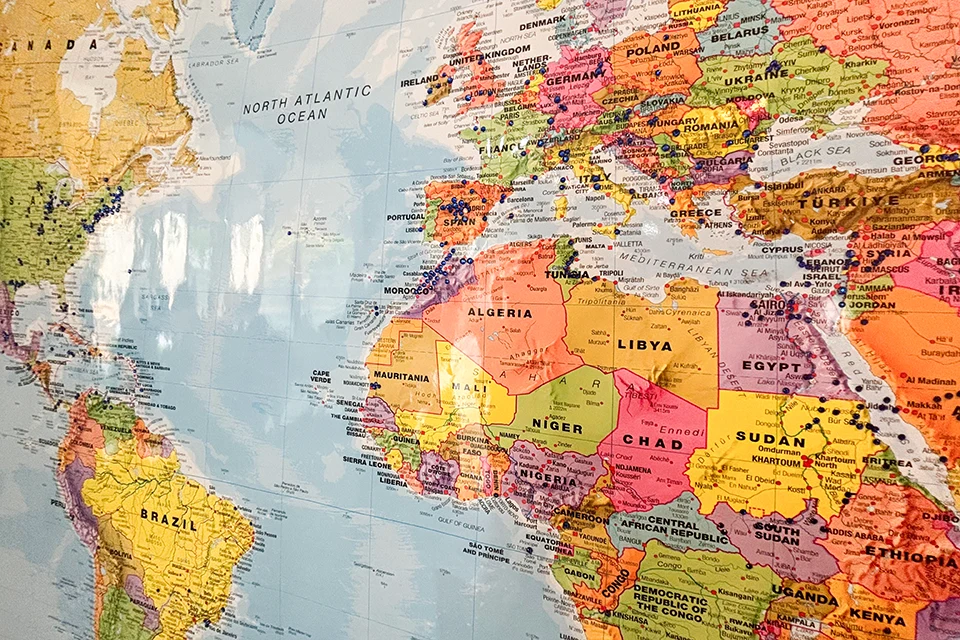 Map found in San Ignacio Hall lobby where students have marked their cities of origin.