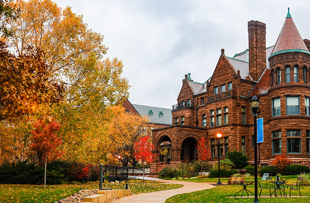 Fall beauty shot of campus with colorful leaves