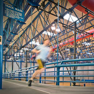 The interior of Simon Recreation Center. Also known as Simon Rec, the center features a rock-climbing wall, a six-lane indoor swimming pool, and a juice bar and lounge.