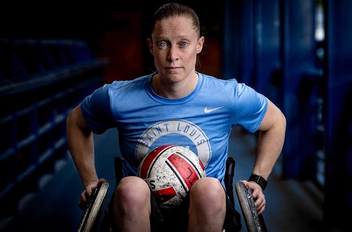 A portrait of Sarah Adam in her rubgy chair. 